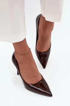 Discount Lakierowane Eko Skórzane Szpilki Damskie Ze Szpiczastymi Noskami Czekoladowe Jadira Damskie Czółenka Klasyczne