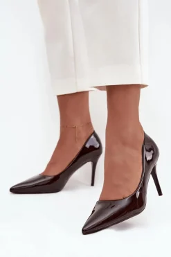 Discount Lakierowane Eko Skórzane Szpilki Damskie Ze Szpiczastymi Noskami Czekoladowe Jadira Damskie Czółenka Klasyczne