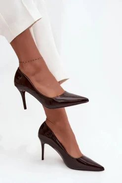 Discount Lakierowane Eko Skórzane Szpilki Damskie Ze Szpiczastymi Noskami Czekoladowe Jadira Damskie Czółenka Klasyczne