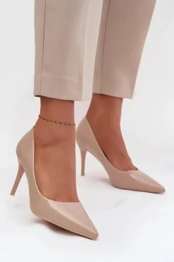 New Boto Lakierowane Eko Skórzane Szpilki Damskie Ze Szpiczastymi Noskami Beżowe Jadira