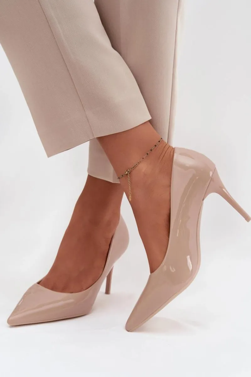 New Boto Lakierowane Eko Skórzane Szpilki Damskie Ze Szpiczastymi Noskami Beżowe Jadira