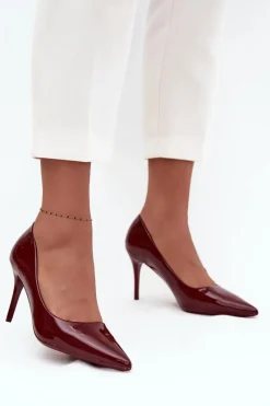 Sale Lakierowane Eko Skórzane Szpilki Damskie Ze Szpiczastymi Noskami Bordowe Jadira Damskie Czółenka Klasyczne