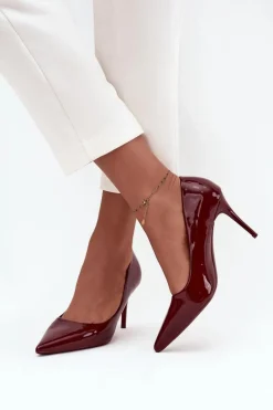 Sale Lakierowane Eko Skórzane Szpilki Damskie Ze Szpiczastymi Noskami Bordowe Jadira Damskie Czółenka Klasyczne
