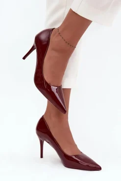 Sale Lakierowane Eko Skórzane Szpilki Damskie Ze Szpiczastymi Noskami Bordowe Jadira Damskie Czółenka Klasyczne