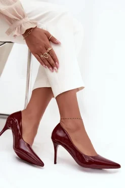 Sale Lakierowane Eko Skórzane Szpilki Damskie Ze Szpiczastymi Noskami Bordowe Jadira Damskie Czółenka Klasyczne
