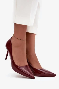 Sale Lakierowane Eko Skórzane Szpilki Damskie Ze Szpiczastymi Noskami Bordowe Jadira Damskie Czółenka Klasyczne