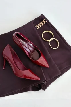 Sale Lakierowane Eko Skórzane Szpilki Damskie Ze Szpiczastymi Noskami Bordowe Jadira Damskie Czółenka Klasyczne