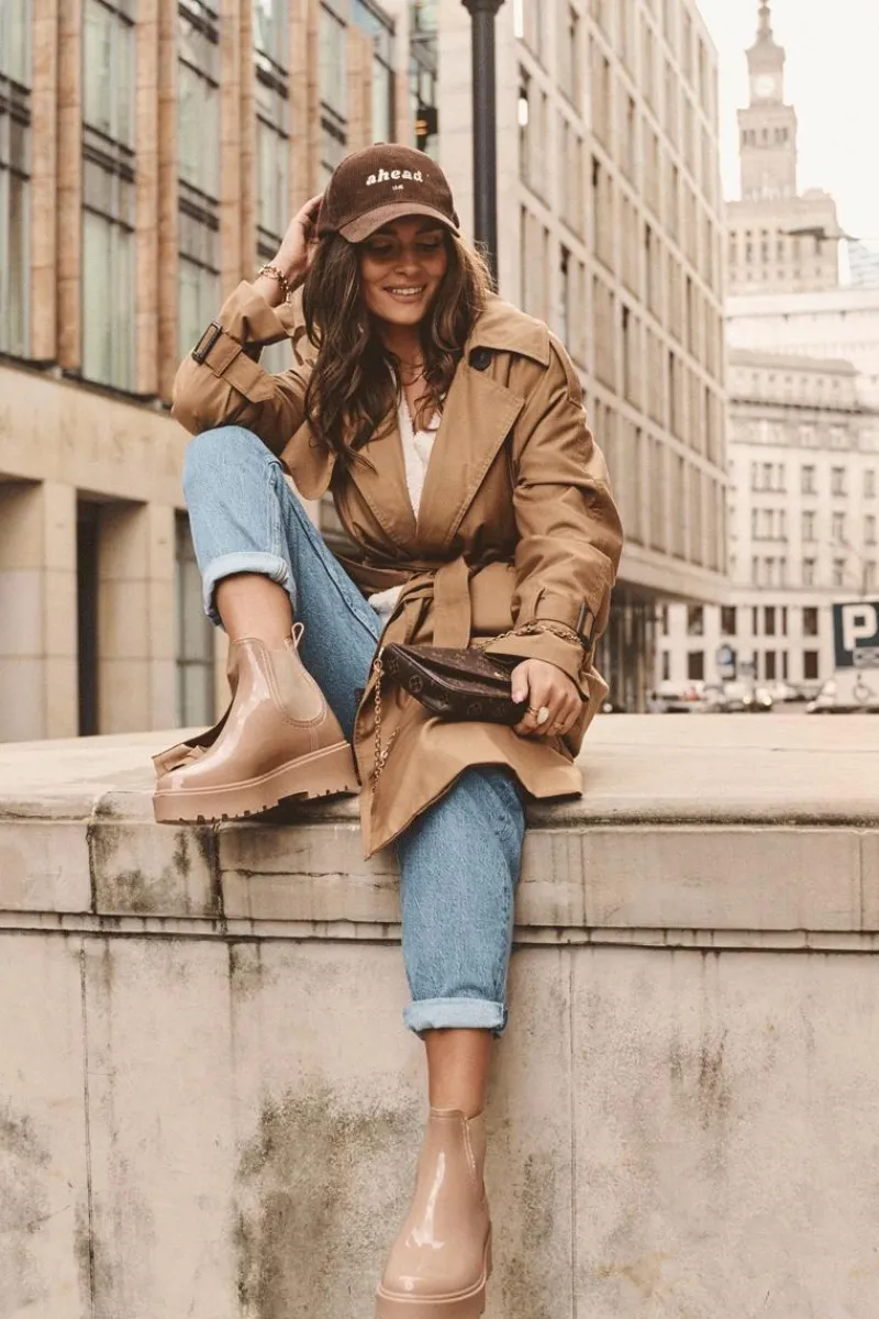 Czarne Botki|Botki Płaskie>Big Star Shoes Lakierowane Kalosze Botki Na Platformie Big Star MM274396 Beżowe Beżowy