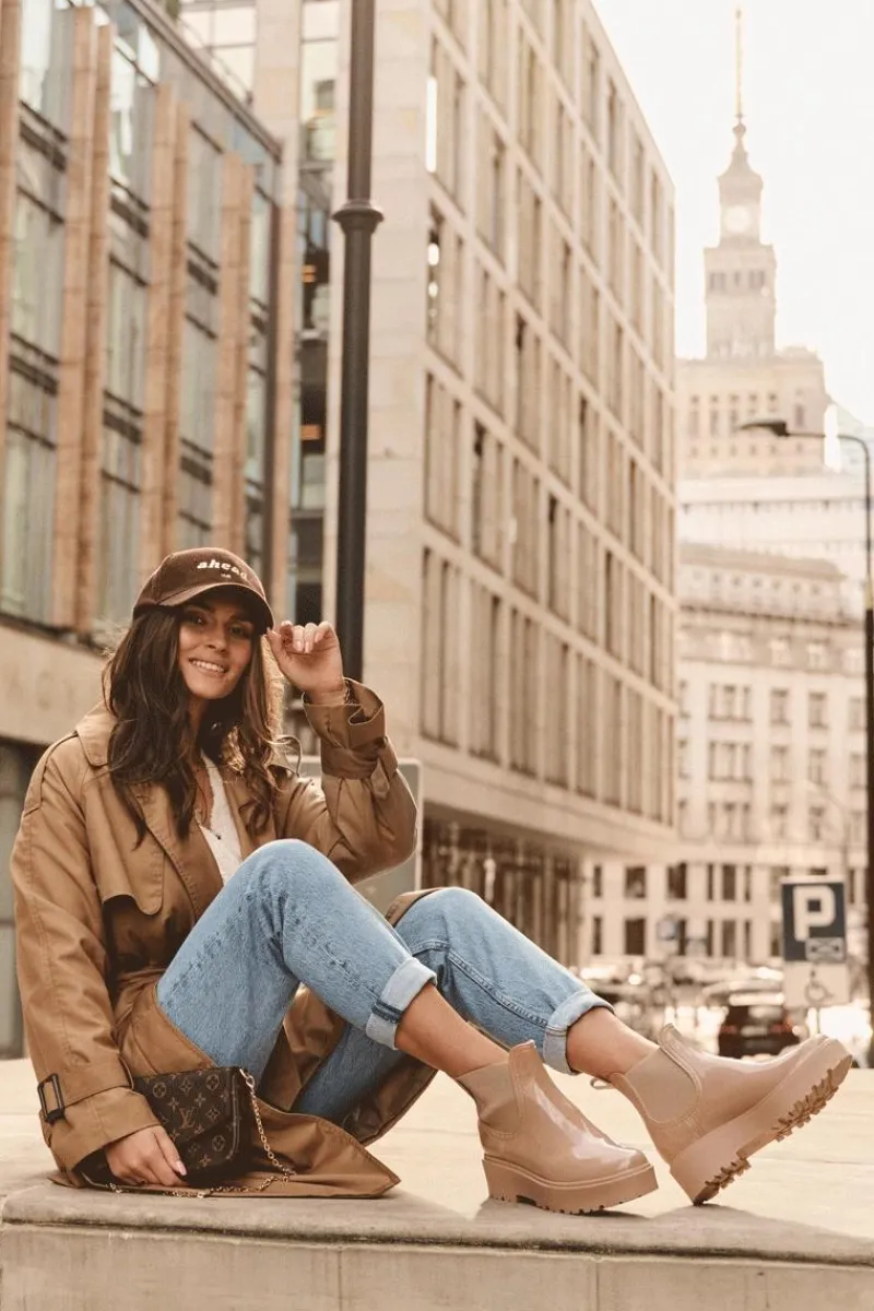 Czarne Botki|Botki Płaskie>Big Star Shoes Lakierowane Kalosze Botki Na Platformie Big Star MM274396 Beżowe Beżowy