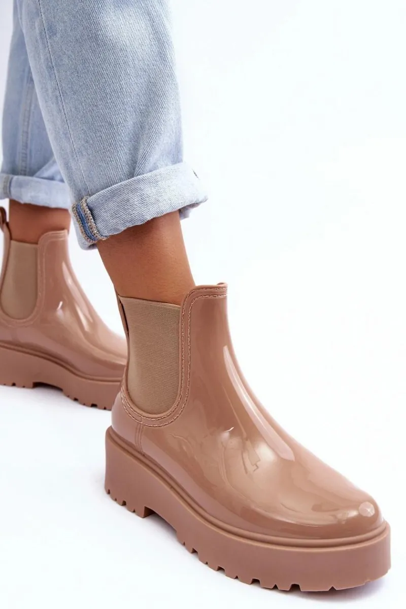 Czarne Botki|Botki Płaskie>Big Star Shoes Lakierowane Kalosze Botki Na Platformie Big Star MM274396 Beżowe Beżowy