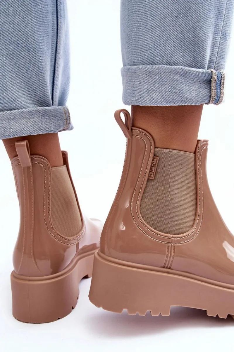 Czarne Botki|Botki Płaskie>Big Star Shoes Lakierowane Kalosze Botki Na Platformie Big Star MM274396 Beżowe Beżowy