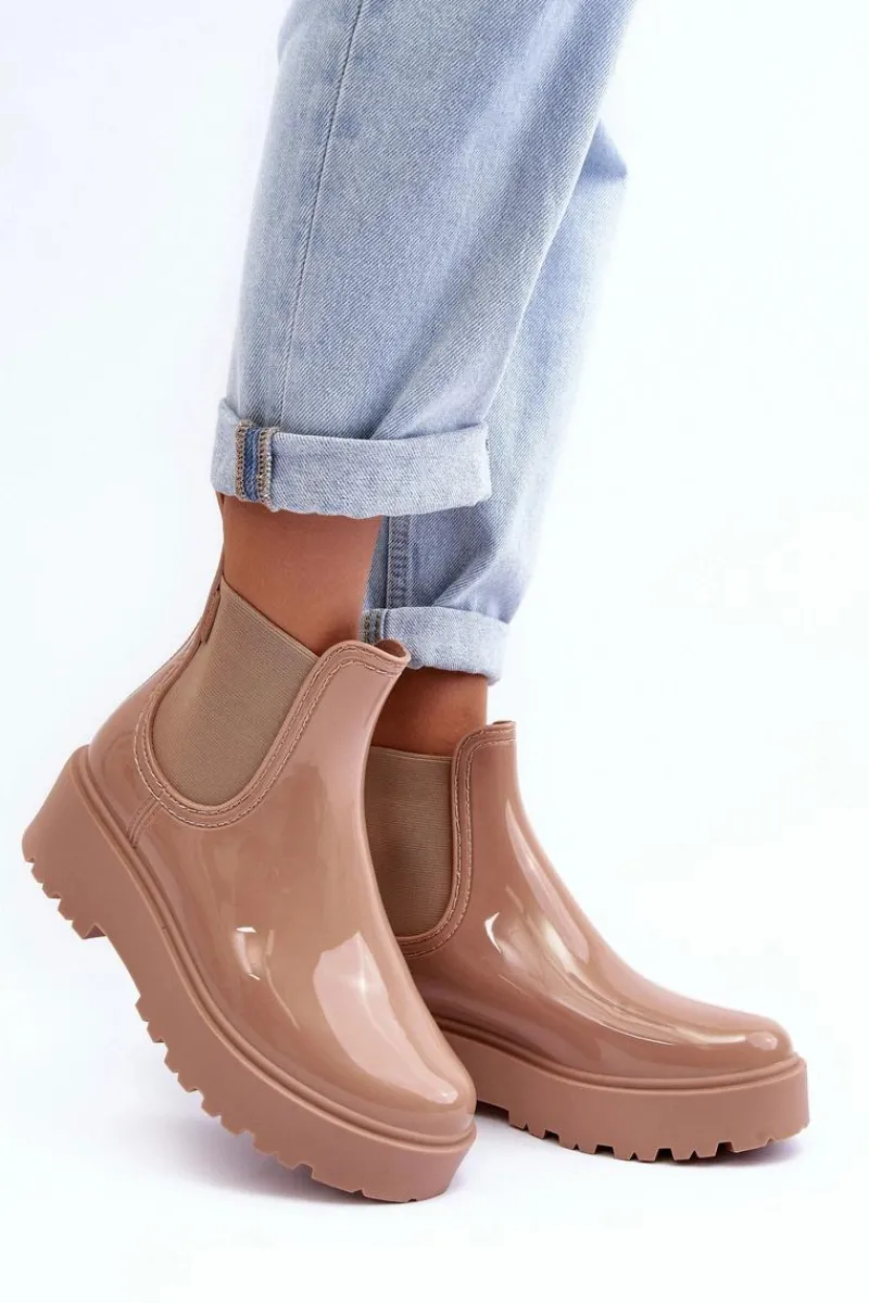 Czarne Botki|Botki Płaskie>Big Star Shoes Lakierowane Kalosze Botki Na Platformie Big Star MM274396 Beżowe Beżowy