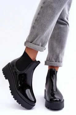 Online Lakierowane Kalosze Botki Na Platformie Big Star MM274395 Czarne Damskie Czarne Botki|Botki Płaskie