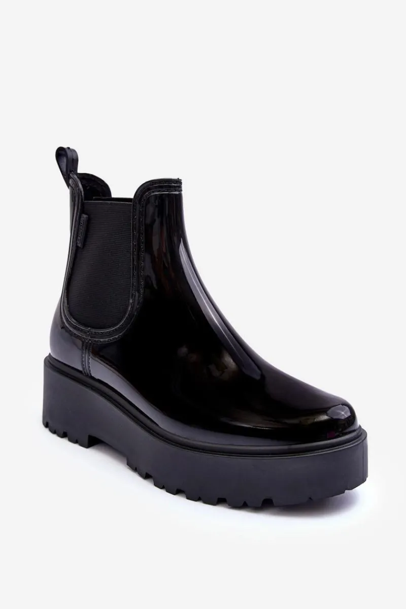 Online Lakierowane Kalosze Botki Na Platformie Big Star MM274395 Czarne Damskie Czarne Botki|Botki Płaskie