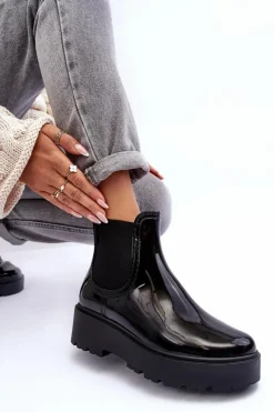 Online Lakierowane Kalosze Botki Na Platformie Big Star MM274395 Czarne Damskie Czarne Botki|Botki Płaskie