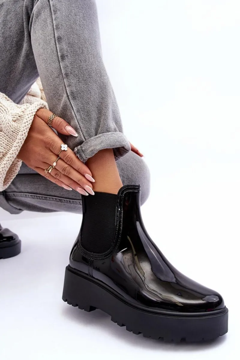 Online Lakierowane Kalosze Botki Na Platformie Big Star MM274395 Czarne Damskie Czarne Botki|Botki Płaskie