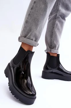 Online Lakierowane Kalosze Botki Na Platformie Big Star MM274395 Czarne Damskie Czarne Botki|Botki Płaskie