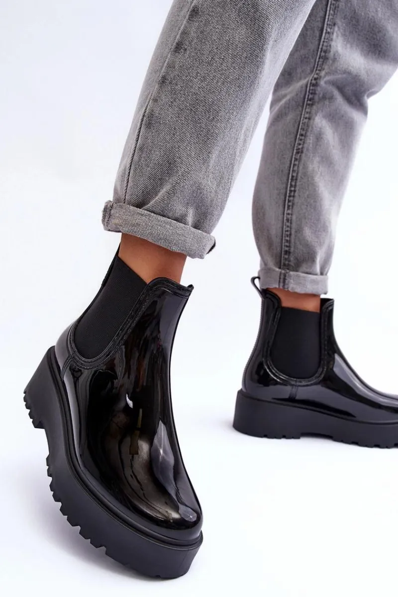 Online Lakierowane Kalosze Botki Na Platformie Big Star MM274395 Czarne Damskie Czarne Botki|Botki Płaskie