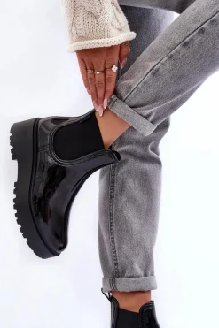 Online Lakierowane Kalosze Botki Na Platformie Big Star MM274395 Czarne Damskie Czarne Botki|Botki Płaskie