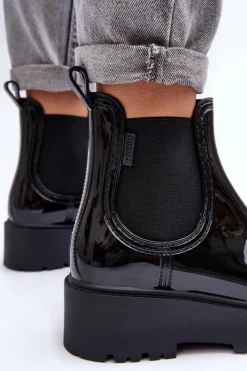 Online Lakierowane Kalosze Botki Na Platformie Big Star MM274395 Czarne Damskie Czarne Botki|Botki Płaskie