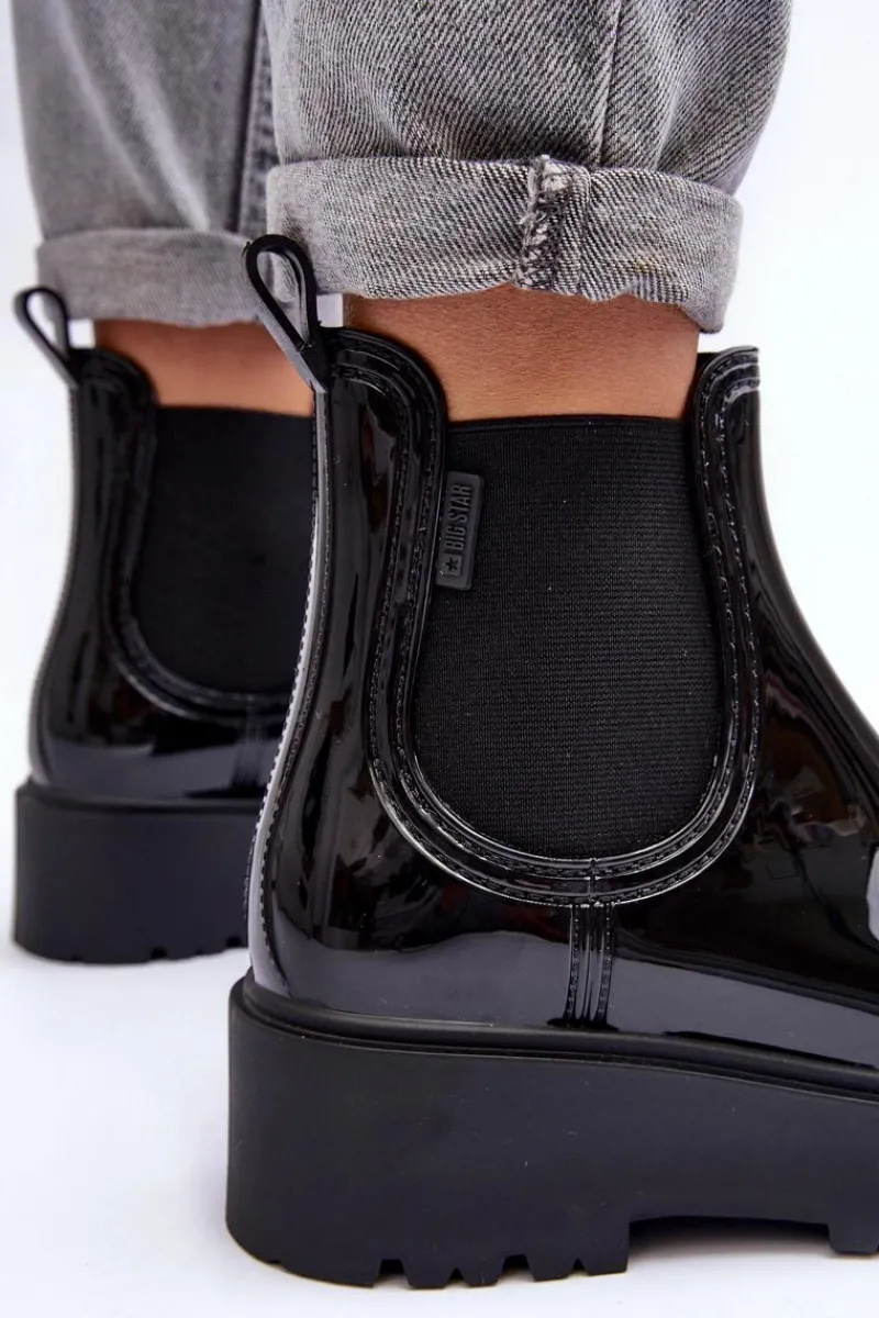 Online Lakierowane Kalosze Botki Na Platformie Big Star MM274395 Czarne Damskie Czarne Botki|Botki Płaskie