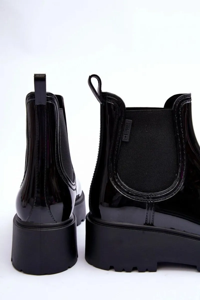 Online Lakierowane Kalosze Botki Na Platformie Big Star MM274395 Czarne Damskie Czarne Botki|Botki Płaskie