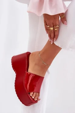 Lakierowane Klapki Damskie Na Platformie I Koturnie Czerwone Nellevia Damskie Klapki Na Koturnie|Klapki Na Platformie