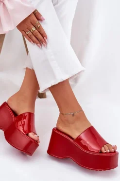 Lakierowane Klapki Damskie Na Platformie I Koturnie Czerwone Nellevia Damskie Klapki Na Koturnie|Klapki Na Platformie