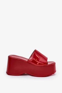 Lakierowane Klapki Damskie Na Platformie I Koturnie Czerwone Nellevia Damskie Klapki Na Koturnie|Klapki Na Platformie