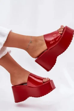 Lakierowane Klapki Damskie Na Platformie I Koturnie Czerwone Nellevia Damskie Klapki Na Koturnie|Klapki Na Platformie