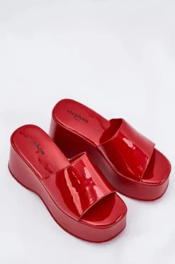 Lakierowane Klapki Damskie Na Platformie I Koturnie Czerwone Nellevia Damskie Klapki Na Koturnie|Klapki Na Platformie