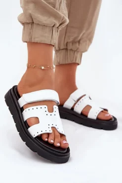 Klapki Damskie Klasyczne>Zazoo Lakierowane Klapki Damskie Z Naturalnej Skóry Na Platformie 40440 Białe Biały