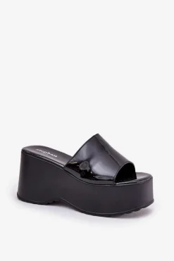 Hot Boto Lakierowane Klapki Damskie Na Platformie I Koturnie Czarne Nellevia