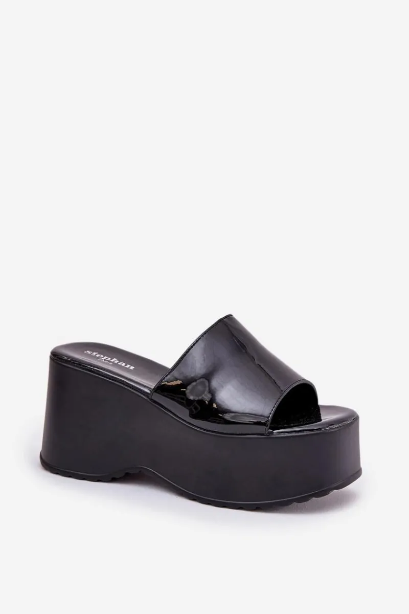 Hot Boto Lakierowane Klapki Damskie Na Platformie I Koturnie Czarne Nellevia