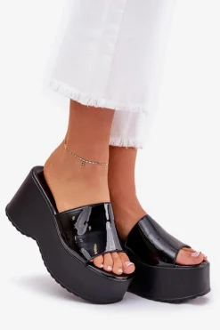Hot Boto Lakierowane Klapki Damskie Na Platformie I Koturnie Czarne Nellevia