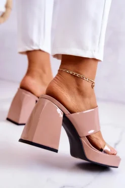 Clearance Lakierowane Klapki Na Słupku Ciemnobeżowe Seattle Damskie Klapki Na Obcasie|Klapki Damskie Klasyczne