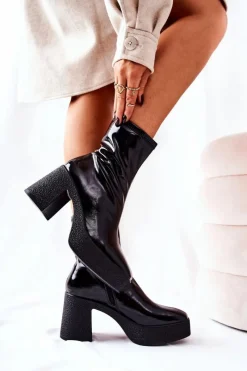New Lakierowane Kozaki Botki Na Słupku Czarne Myrialla Damskie Kozaki Na Obcasie|Botki Na Słupku