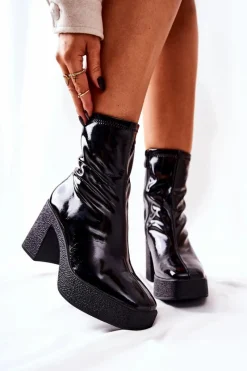 New Lakierowane Kozaki Botki Na Słupku Czarne Myrialla Damskie Kozaki Na Obcasie|Botki Na Słupku