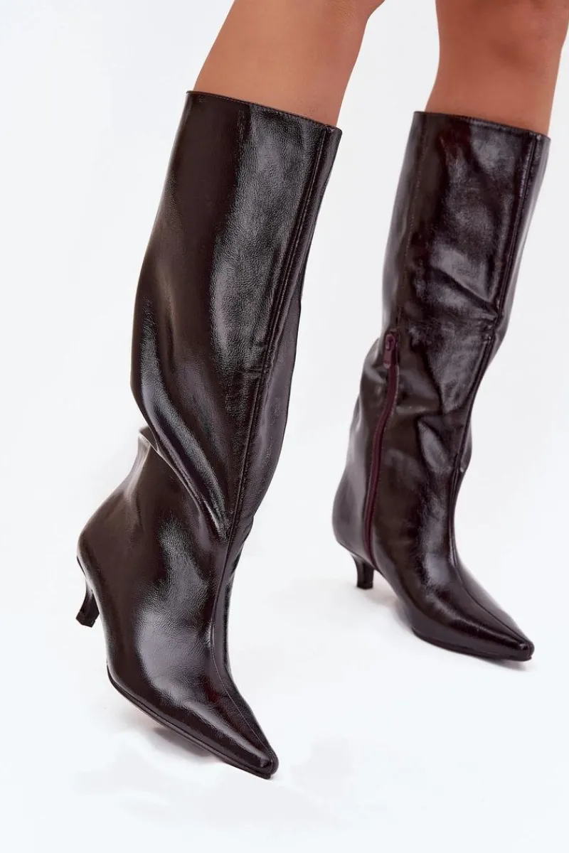 Kozaki Ocieplane|Kozaki Na Szpilce>Boto Lakierowane Kozaki Damskie Na Niskim Obcasie Bordowe Mireva