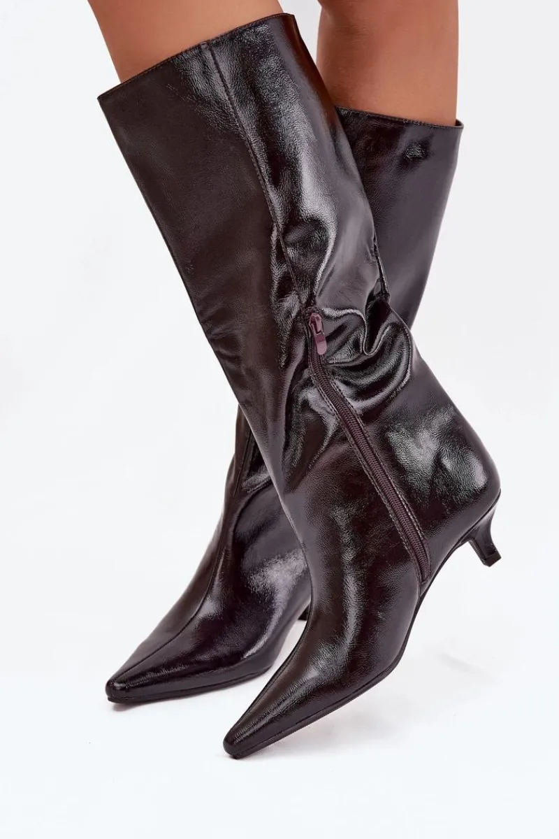 Kozaki Ocieplane|Kozaki Na Szpilce>Boto Lakierowane Kozaki Damskie Na Niskim Obcasie Bordowe Mireva