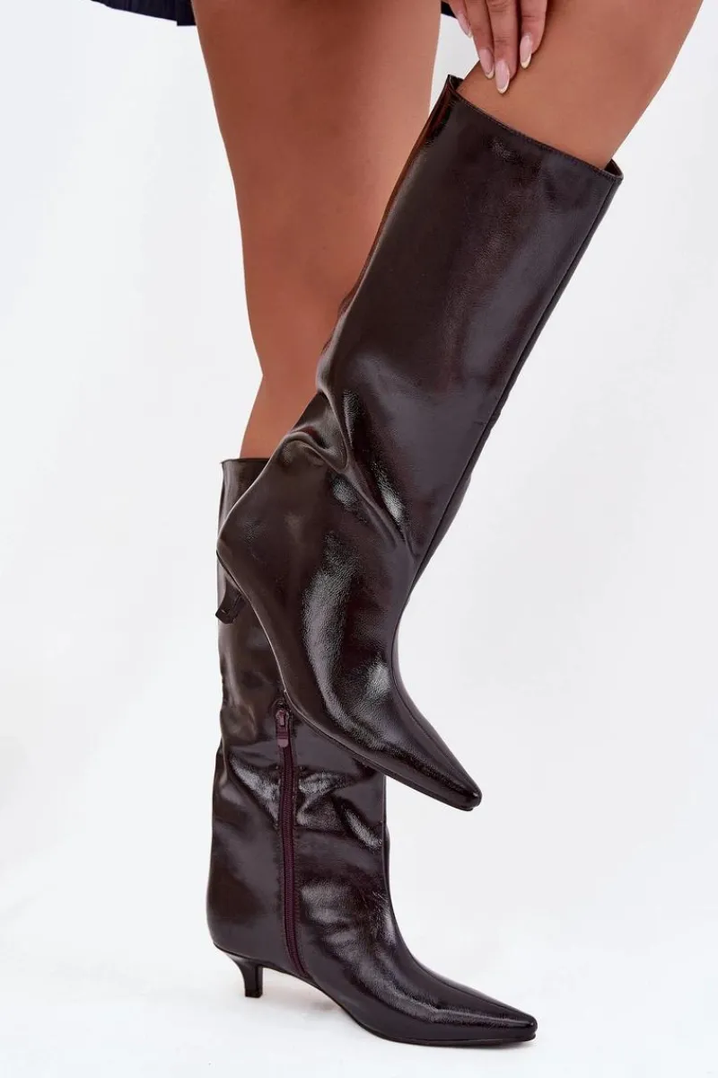 Kozaki Ocieplane|Kozaki Na Szpilce>Boto Lakierowane Kozaki Damskie Na Niskim Obcasie Bordowe Mireva