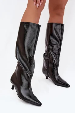 Sale Lakierowane Kozaki Damskie Na Niskim Obcasie Czarne Mireva Damskie Kozaki Ocieplane|Kozaki Na Szpilce