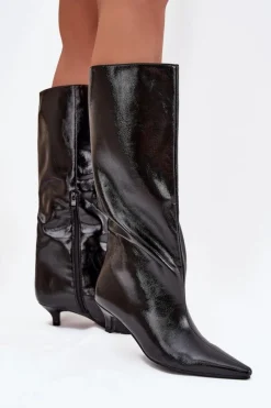 Sale Lakierowane Kozaki Damskie Na Niskim Obcasie Czarne Mireva Damskie Kozaki Ocieplane|Kozaki Na Szpilce