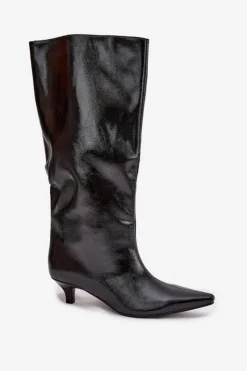 Sale Lakierowane Kozaki Damskie Na Niskim Obcasie Czarne Mireva Damskie Kozaki Ocieplane|Kozaki Na Szpilce