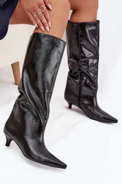 Sale Lakierowane Kozaki Damskie Na Niskim Obcasie Czarne Mireva Damskie Kozaki Ocieplane|Kozaki Na Szpilce