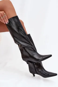 Sale Lakierowane Kozaki Damskie Na Niskim Obcasie Czarne Mireva Damskie Kozaki Ocieplane|Kozaki Na Szpilce