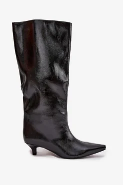 Sale Lakierowane Kozaki Damskie Na Niskim Obcasie Czarne Mireva Damskie Kozaki Ocieplane|Kozaki Na Szpilce