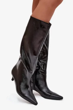 Sale Lakierowane Kozaki Damskie Na Niskim Obcasie Czarne Mireva Damskie Kozaki Ocieplane|Kozaki Na Szpilce