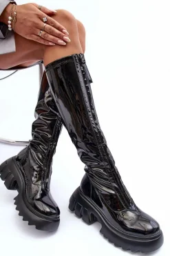 Clearance Boto Lakierowane Kozaki Na Masywnej Platformie Z Suwakiem Czarne Ringo