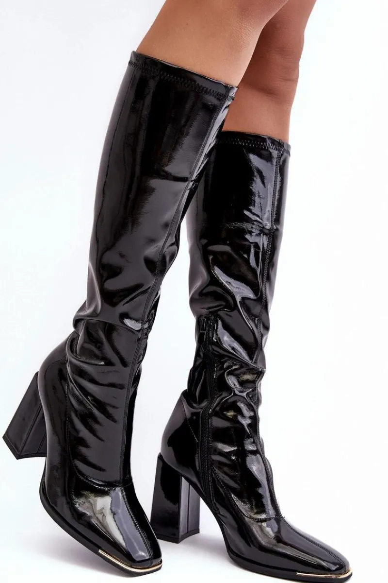 Lakierowane Kozaki Na Słupku Przed Kolano Czarne Mlokva Damskie Kozaki Wiosenne|Kozaki Przed Kolano